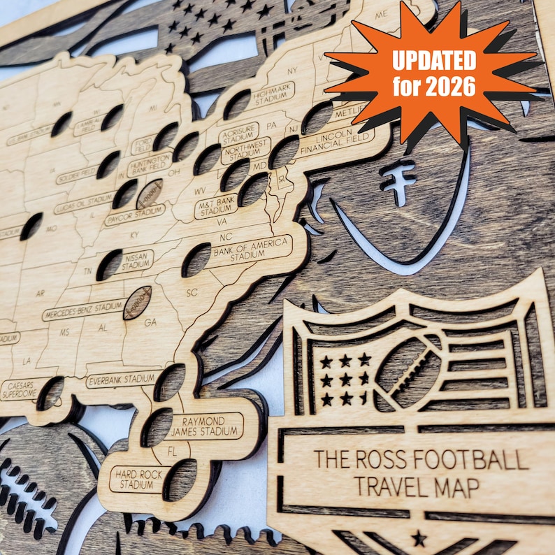 Football Stadion Karte, NFL Stadion Karte, Reise Dekoration, Football Geschenke, Geschenk für ihn, Geschenk für Papa, Football Geschenk Bild 1