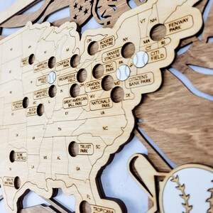 May include: A wooden map of the United States with baseball stadiums marked with holes. The map is painted in shades of brown and includes the names of the stadiums, such as Fenway Park, Yankee Stadium, and Wrigley Field.