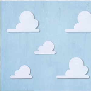 May include: Five white paper clouds against a light blue background. The clouds are cut out and have a shadow effect.