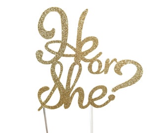 Cake Topper, He or She, Boy or Girl, Gender Reveal, Baby Shower Decoration, Shower Toppers, Surprise, Cake Decorations, gold glitter