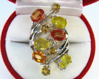 Orange/Yellow Sapphire & Citrine Ring 9.41 CTW size 6.75 - White Gold over 925 Sterling Silver