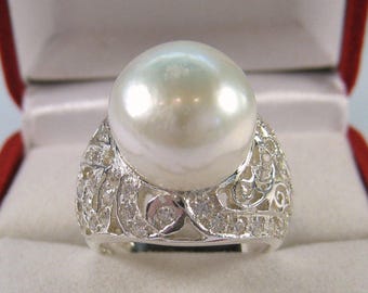 Creamy-White Pearl 13mm &  White Sapphire Ring .76 CTW size 7.25 - White Gold over 925 Sterling Silver