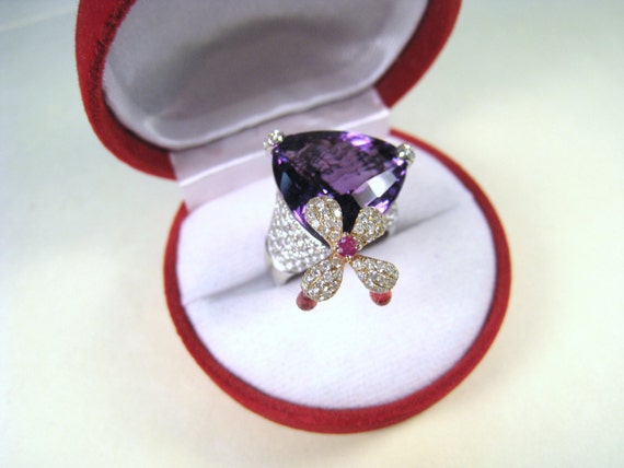 Custom IF Amethyst, VS Diamond, Ruby Flower Ring … - image 5