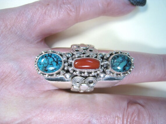 Huge Turquoise and Red Coral Ring Size 7 .25 Vintage Sterling Silver Southwest Flower Succulent Boho Statement Jewelry