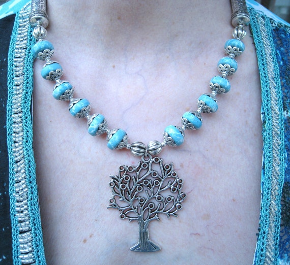 TURQUOISE TREE of LIFE Statement Necklace - 925 S… - image 1