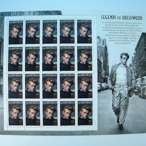 JAMES DEAN: Legends of Hollywood stamps - COLLECTIBLE 1996 Full Uncut 32 cent 20-stamp Sheet - Mint, New Condition (Scotts #3082)