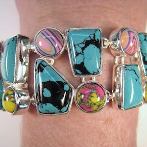Turquoise & Mosaic/Rainbow Jasper Gemstone Bracelet - 925 Sterling Silver