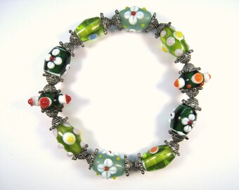 HAND-PAINTED BEAD Stretch Bracelet - Sterling Silver