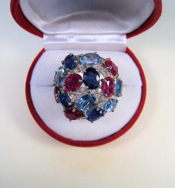 Ruby, Blue Zircon & Blue/White Sapphire Ring 18.6… - image 1