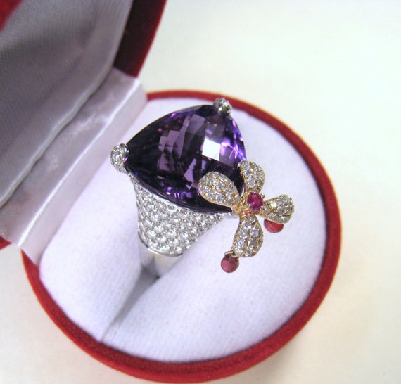Custom IF Amethyst, VS Diamond, Ruby Flower Ring … - image 1