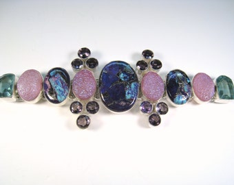 SANTA ANA TURQUOISE, Druzy, Amethyst & Blue Topaz Bracelet - 925 Sterling Silver