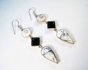 Dendrite Opal, Black Onyx & Shiva Shell Earrings - 925 Sterling Silver