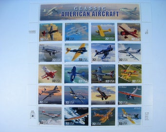CLASSIC AMERICAN AIRCRAFT, Collectible 1997 Full Uncut 32 cent 20-stamp Sheet - Mint, New Condition (Scotts #3142)