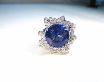 Personnalisé AAA Intense Blue Tanzanite &Diamond Filigree Floral Ring 7.61 CTW taille 6 - 18k Or Blanc