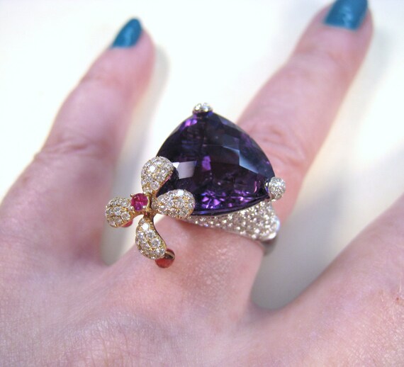 Custom IF Amethyst, VS Diamond, Ruby Flower Ring … - image 2