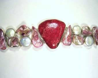 Red Turquoise, Mother of Pearl & River Pearl Bracelet - 925 Sterling Silver