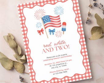 Red White and Two 2nd Birthday Party Editable Invitation Template | All American Girl Red Bow Gingham Party Theme | Instant Download Canva