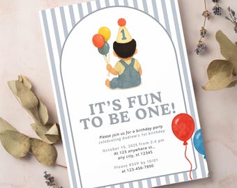 Fun to be One Birthday Party Editable Invitation Template | First Birthday Blue Stripes Fun Bright Colorful Theme | Instant Download