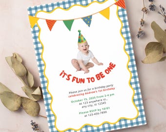 Fun to be One Birthday Party Editable Invitation Template | First Birthday Blue Yellow Gingham Fun Bright Colorful Theme | Instant Download