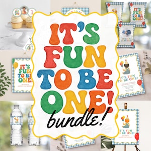 Pakiet „Fun to be One” – edytowalne szablony na przyjęcie urodzinowe | Pierwsze urodziny, niebiesko-żółta kratka, zabawny, jasny i kolorowy motyw | Natychmiastowe pobranie