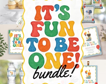 Fun to be One BUNDLE Birthday Party Editable Templates | First Birthday Blue Yellow Gingham Fun Bright Colorful Theme | Instant Download