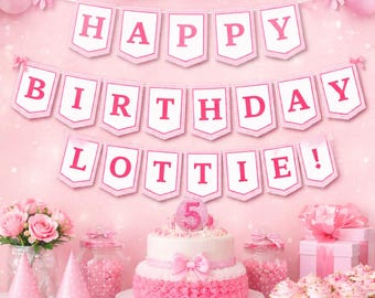 Pink Gingham Customizable Birthday Banner Printable Canva Template: (Digital Download) 5x7 Flags | Matches Princess Pizzeria Theme