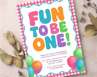 Plantilla de invitación editable para fiesta de cumpleaños divertida para ser una niña / Tema colorido y divertido de cuadros rosas para primer cumpleaños / Descarga instantánea