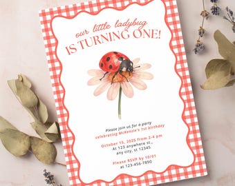 May include: A birthday invitation with a red gingham border and the text "our little ladybug IS TURNING ONE!". The invitation features a watercolor illustration of a ladybug on a daisy. Additional text provides party details.