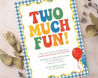 Two Much Fun Birthday Party Editable Invitation Template | Second Birthday Blue Yellow Gingham Fun Bright Colorful Theme | Instant Download