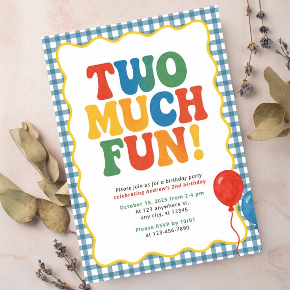 Two Much Fun Birthday Party Editable Invitation Template | Second Birthday Blue Yellow Gingham Fun Bright Colorful Theme | Instant Download