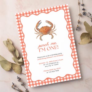 Pinch Me I&#39;m One Party Editable Invitation Template | First Birthday Boy Girl Crab Red Seafood Nautical Gingham Theme | Instant Download