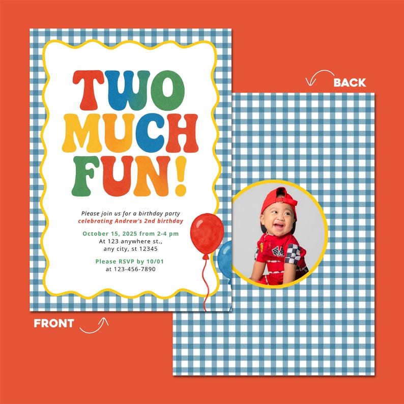 May include: A two-sided birthday party invitation with a gingham pattern. The front features the text "TWO MUCH FUN!" in colorful letters. The back has a photo of a child. Includes party details and RSVP information.