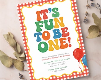 Fun to be One Birthday Party Editable Invitation Template | First Birthday Red Gingham Fun Bright Colorful Theme | Instant Download