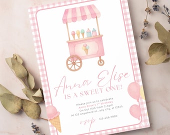 May include: A pink and white gingham-bordered invitation card with a watercolor illustration of an ice cream cart. The text reads "Anna Elise IS A SWEET ONE!" and includes party details. Pink balloons and an ice cream cone are also featured.