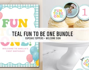 Fun to be One Birthday Editable Bundle Welcome Sign and Cupcake Top Template | First Birthday Blue Gingham Colorful Theme | Instant Download