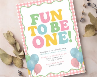Plantilla de invitación editable para fiesta de cumpleaños divertida para ser una niña / Tema colorido y divertido de cuadros rosas para primer cumpleaños / Descarga instantánea