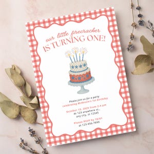 Our Little Firecracker 1st Birthday Party Editable Invitation Template | Patriotic Fireworks Red Blue Gingham Party Theme | Instant Download