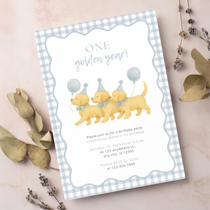 One Golden Year Golden Retriever First Birthday Party Editable Invitation Template | Boy Blue Dog Gingham Party Theme | Instant Download