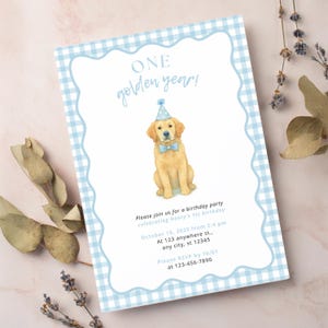One Golden Year Golden Retriever First Birthday Party Editable Invitation Template | Boy Blue Dog Gingham Party Theme | Instant Download