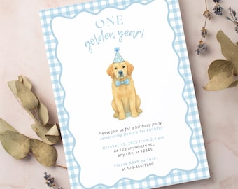 Golden Retriever 1st Birthday Invitation: Blue Gingham Party (Digital Download)