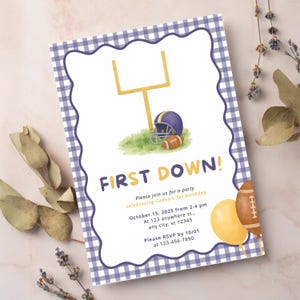 First Down Football Birthday Party Editable Invitation Template | 1st Birthday Purple Yellow Gingham Football First Year Down Theme Download