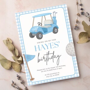 Editable Blue Golf Birthday Invitation Template for Boys | Canva Digital Download | Let&#39;s Par-Tee Printable Invite | 5x7 Front & Back
