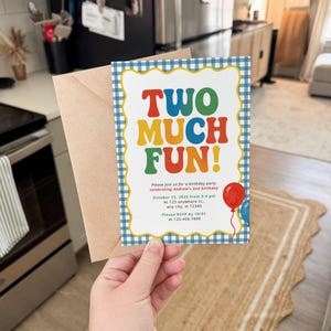 Two Much Fun Birthday Party Editable Invitation Template | Second Birthday Blue Yellow Gingham Fun Bright Colorful Theme | Instant Download image 5