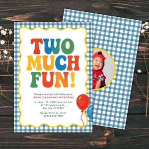 Two Much Fun Birthday Party Editable Invitation Template | Second Birthday Blue Yellow Gingham Fun Bright Colorful Theme | Instant Download image 7