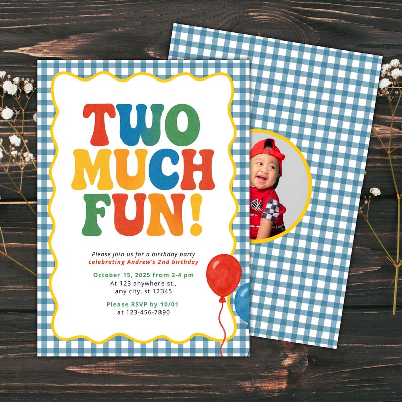 Two Much Fun Birthday Party Editable Invitation Template | Second Birthday Blue Yellow Gingham Fun Bright Colorful Theme | Instant Download image 7