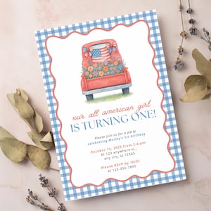 All American Girl Vintage Truck 1st Birthday Party Editable Invitation Template | Patriotic Girl Bow Gingham Party Theme | Instant Download