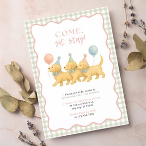 Golden Retriever First Birthday Party Editable Invitation Template | Girl Pink Green Dog Gingham Party Theme | Instant Download Puppy Party