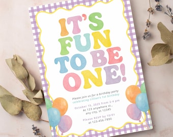 Fun to Be One 1st Birthday Invitation Template, Girl First Birthday Party Invite, Purple Gingham Theme, Editable Canva, Instant Download