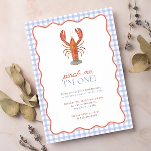 Pinch Me I&#39;m One Party Editable Invitation Template | First Birthday Boy Girl Lobster Blue Red Seafood Nautical Theme | Instant Download