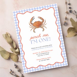 Pinch Me I&#39;m One Party Editable Invitation Template | First Birthday Boy Girl Crab Blue Seafood Nautical Gingham Theme | Instant Download